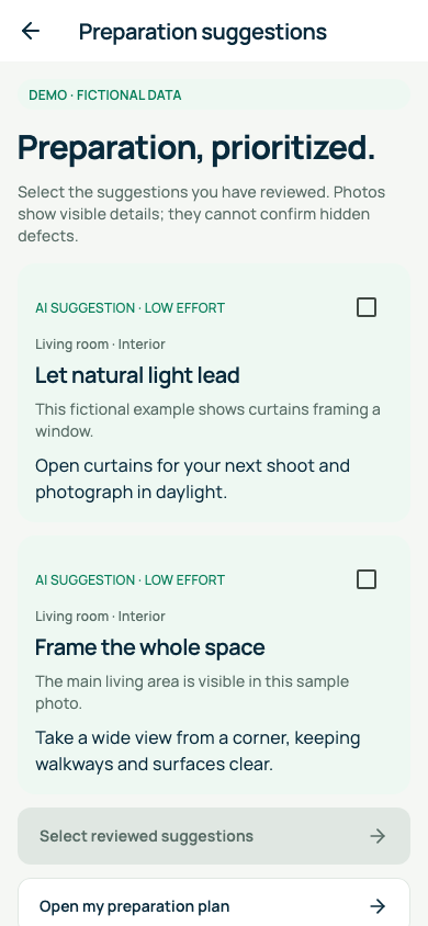 Per-photo preparation suggestions — fictional example